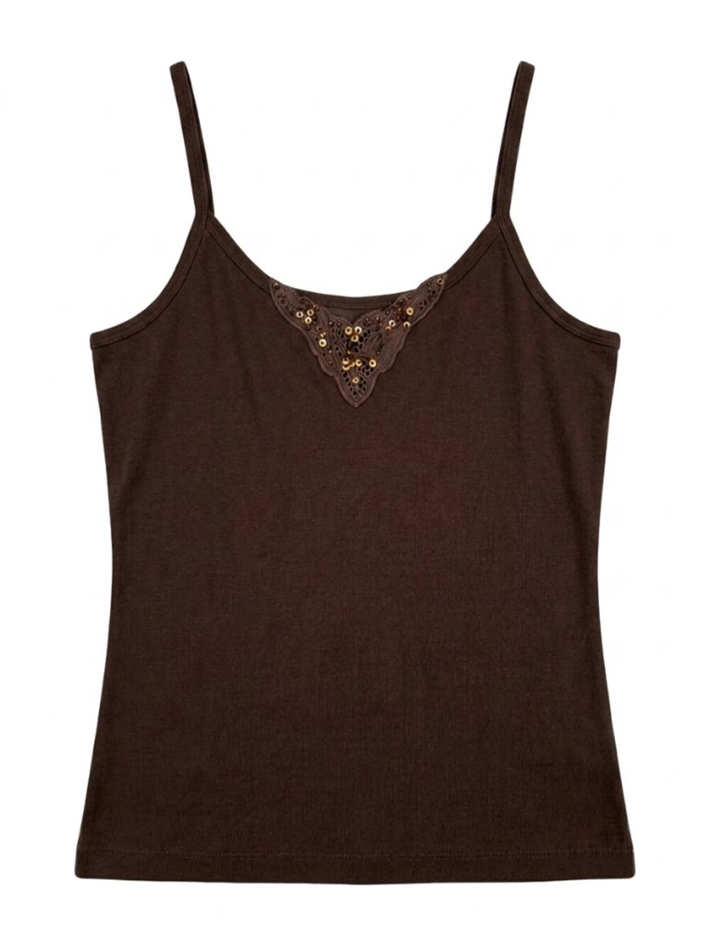 Reitmans Brown Ribbed Cami with Lace & Bead Accents - Size XL